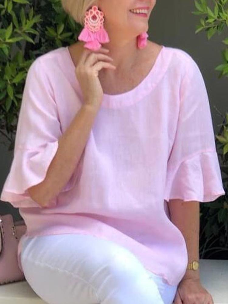 Women's Pink Lotus Leaf Sleeves Loose Top