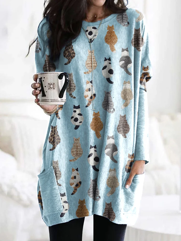 Comstylish Cute Cats Embroidery Pattern Long Sleeve TShirt