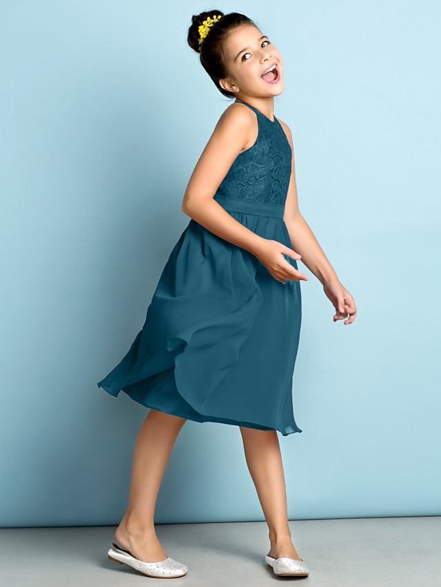 Daisda A-Line Jewel Neck Knee Length  Flower Girl Dress With Lace 