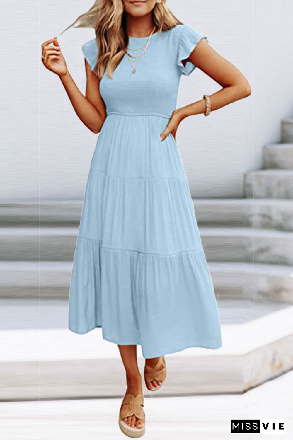 Fashion Solid Flounce O Neck Cake Skirt Dresses(9 Colors)