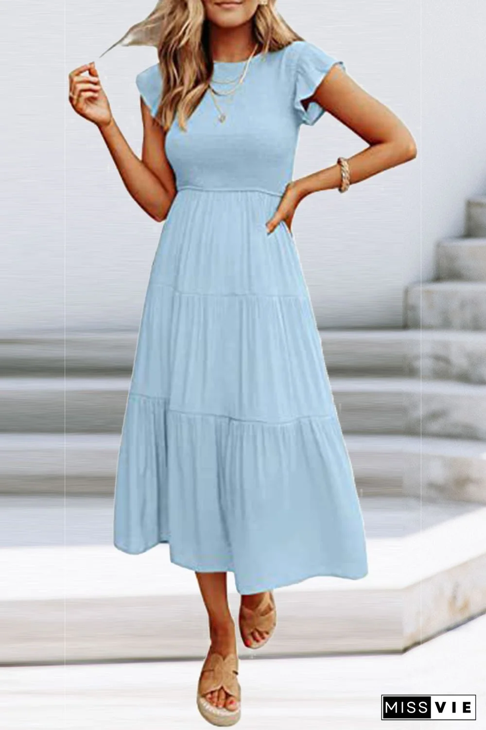 Fashion Solid Flounce O Neck Cake Skirt Dresses(9 Colors)