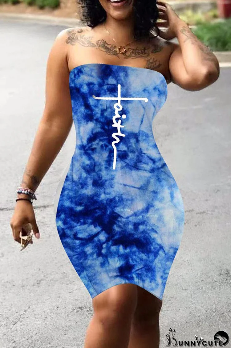 Blue Fashion Casual Print Tie-dye Backless Strapless Sleeveless Dress Dresses