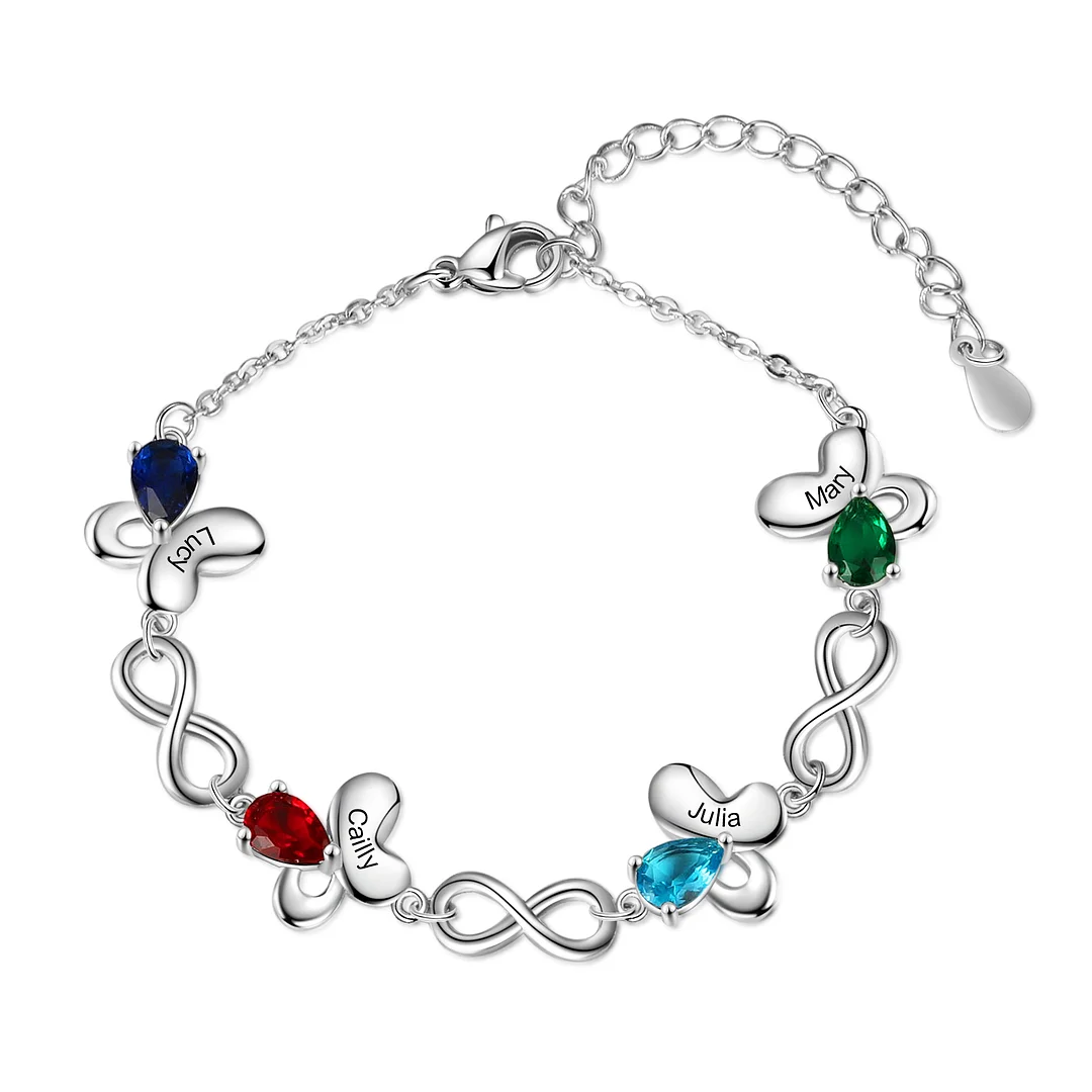 Personalized Butterfly Bracelet with 4 Birthstones Family Bracelet for Her