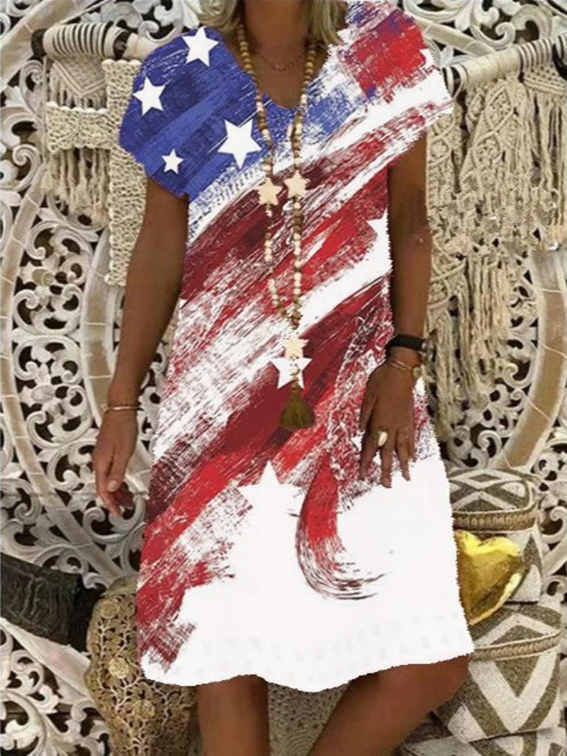 Women's Short Sleeve V-neck Printed Knee-length Dress