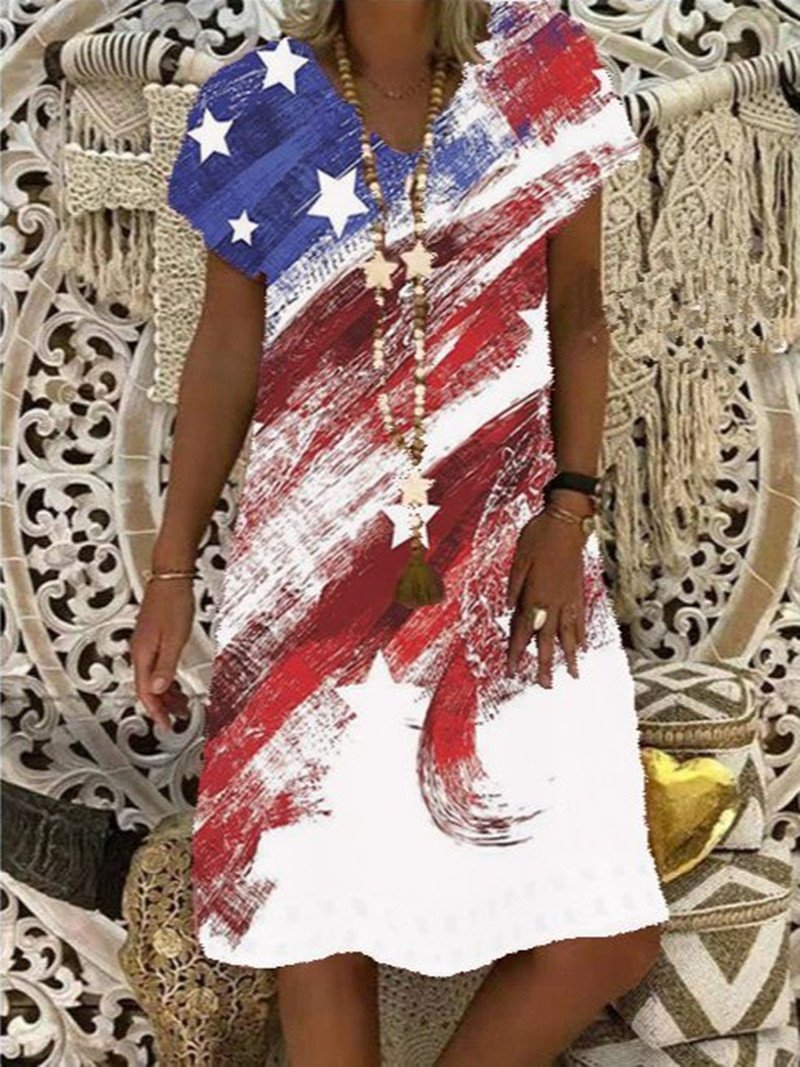 Women's Short Sleeve V-neck Printed Knee-length Dress