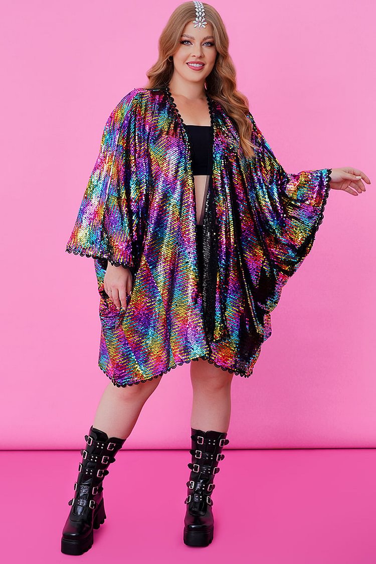 Xpluswear Design Plus Size Multicolor Party See-through Sequin Kimono Cardigans[Pre-Order]