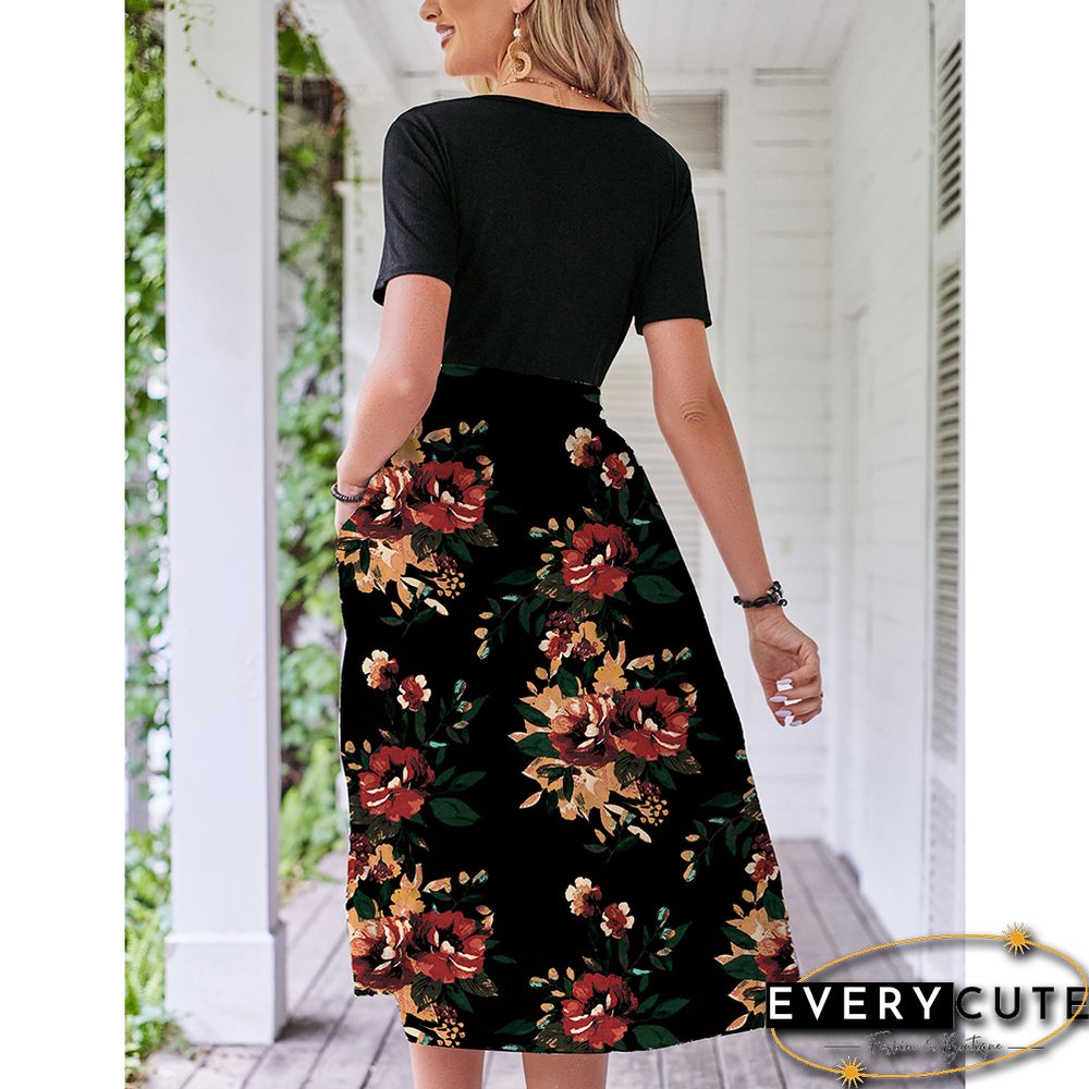 Black Red Floral Print Spliced Short Sleeve Dress