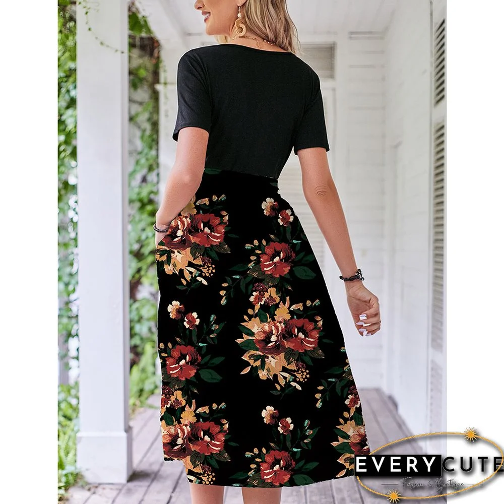 Black Red Floral Print Spliced Short Sleeve Dress
