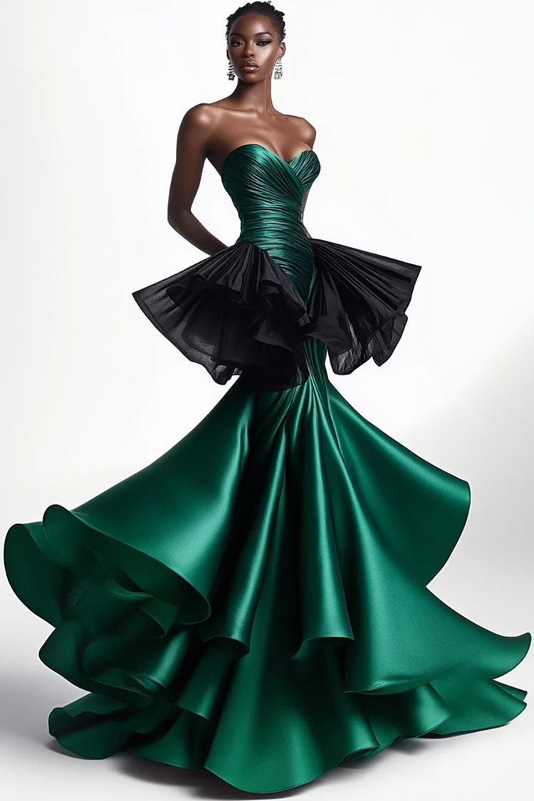 Strapless Patchwork Layered Fishtail Satin Maxi Dress-Dark Green [Custom-Made]