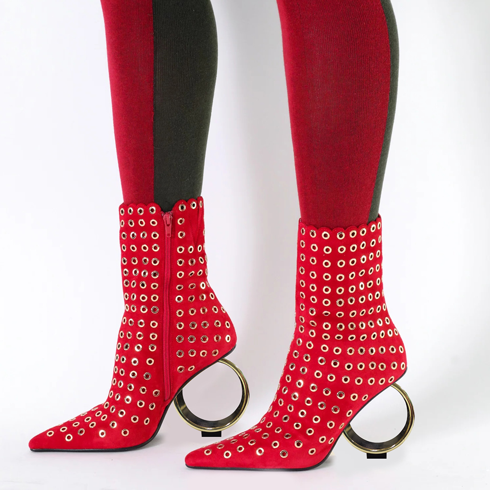 Red Pointed Toe 3'' Decorative Heel Studded Ankle Boots Nicepairs