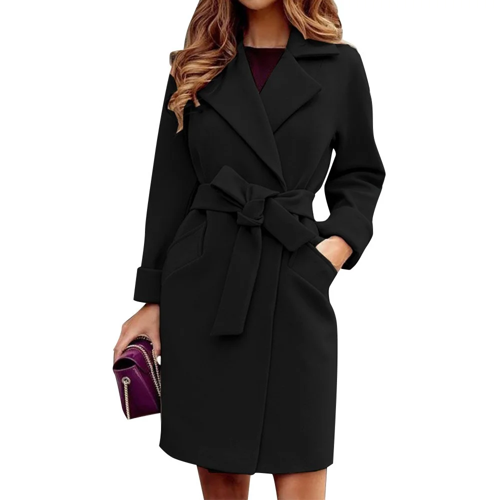 Elegant Solid Tie Sashes Coat for Women Turn-down Collar Long Sleeve Tweed Office Lady Casual Pockets Winter Warm Streetwear