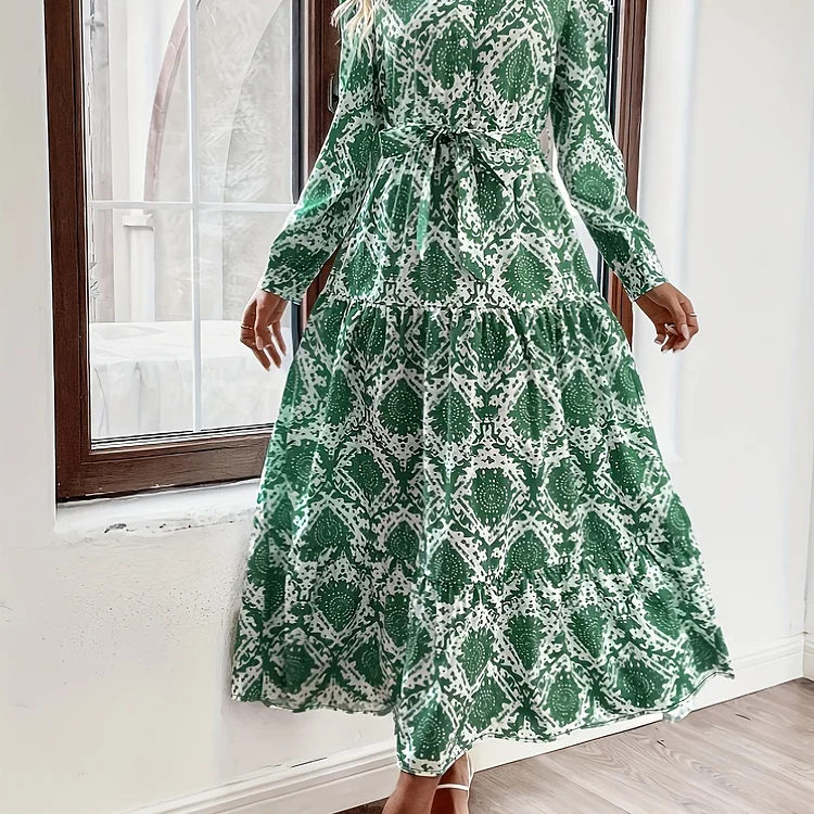 Graphic Print Tie Waist Dress, Vintage Ruffle Hem Button Front Dress For Spring & Fall, Women's Clothing