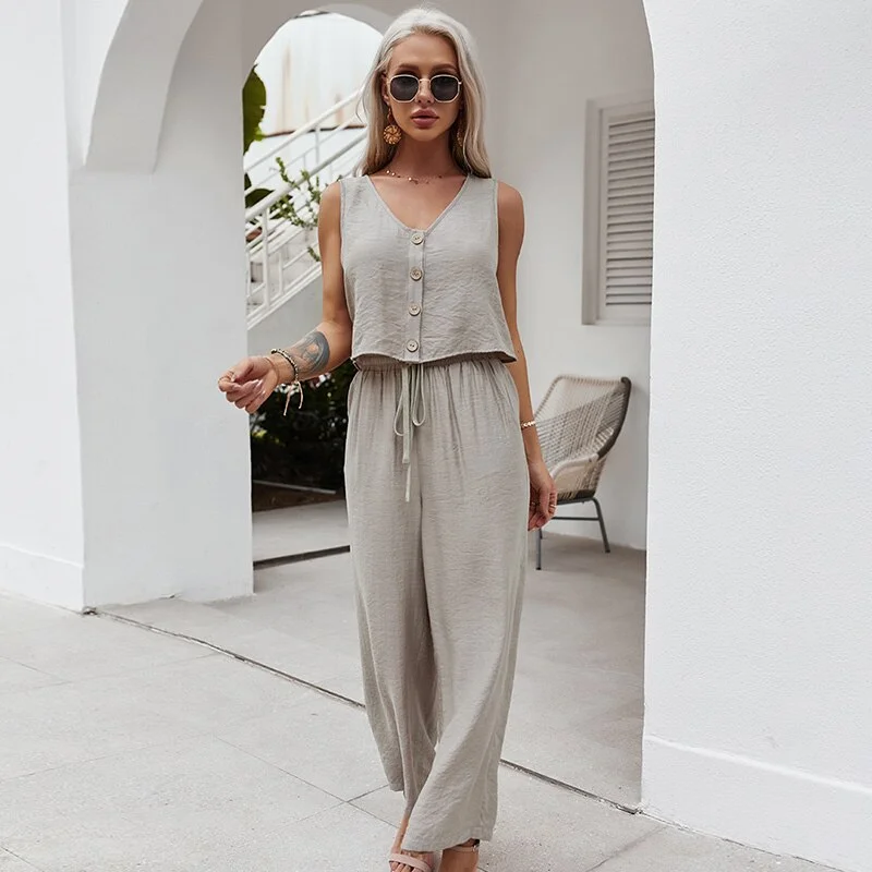 Solid Color V Necksummer Women Casual Two Piece Set Tank Crop Top Sets High Wasit Wide Leg Pants Holiday Outfits Style Age