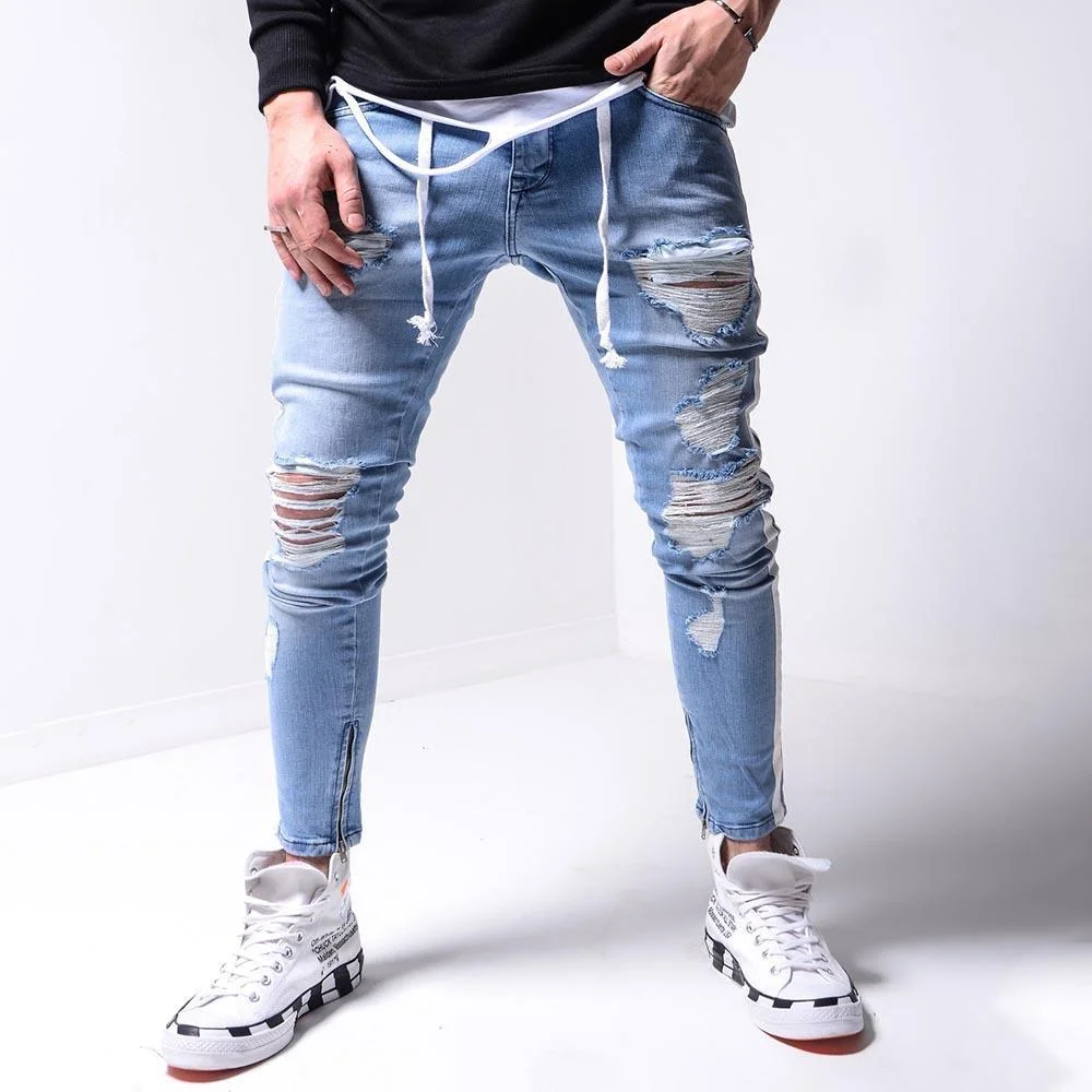Solid Striped Color-block Casual Zipper Pockets Cutout Jeans
