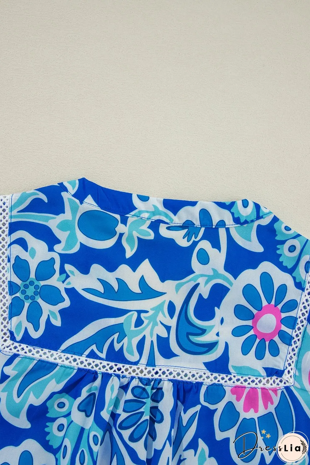 Blue Mix Floral Printed Lace Detail Bracelet Sleeve Blouse