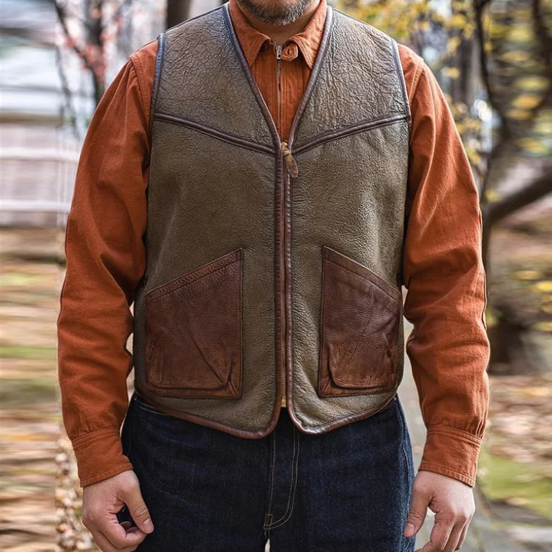 Vintage Leather Zip Sherpa Vest