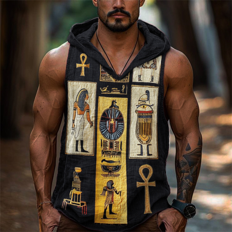 Men's Ankh Ancient Egyptian Embroidered Colorblock Hooded Linen Tank