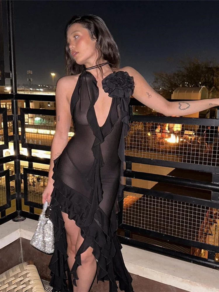Toloer Halter Fringe Flower Mesh Midi Dress-Outfit Ideas