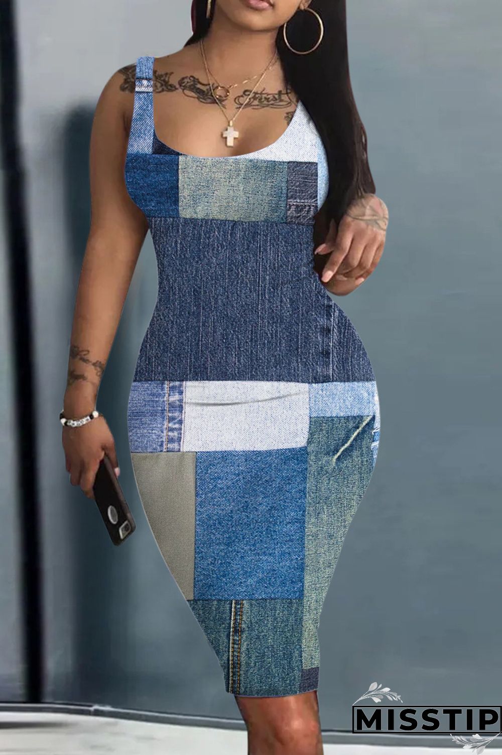 Ink Green Casual Print Basic U Neck Vest Dress Dresses