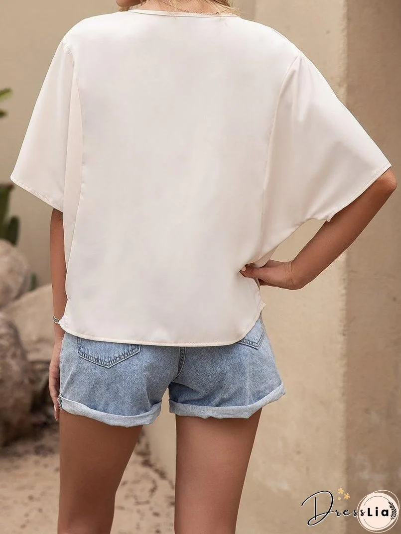 Pleated Drape Solid Color V-neck Short Sleeve Loose Blouses