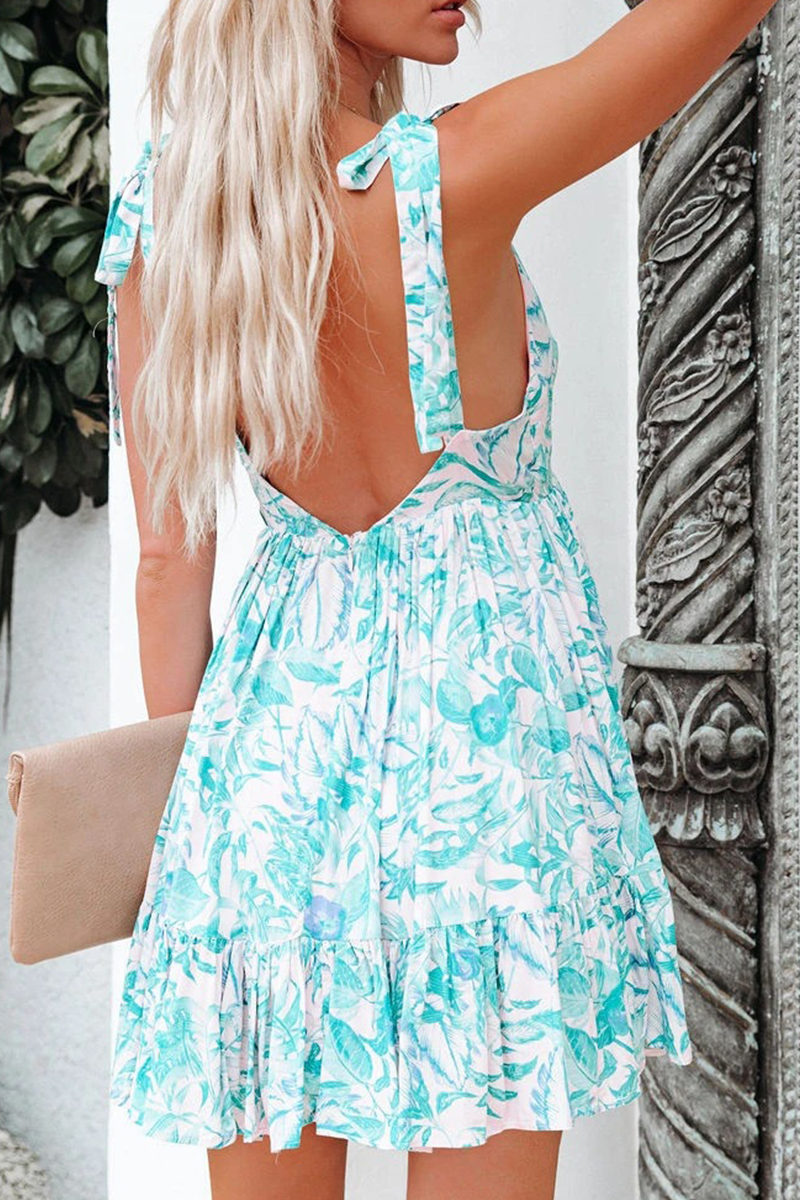 Fashion Sweet Floral Backless Strap Design V Neck A Line Dresses
