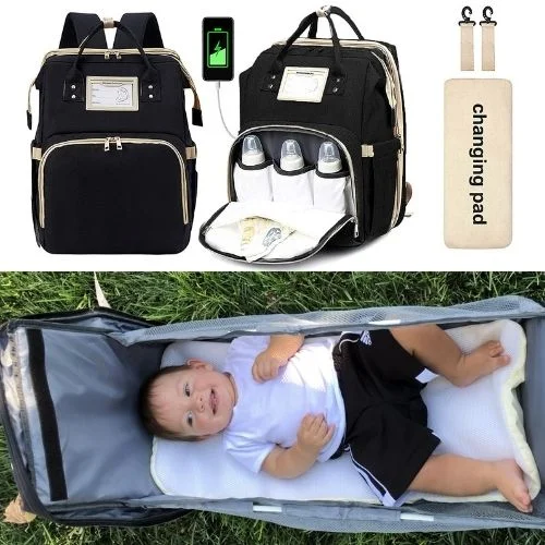 2-in-1 Backpack- Crib, Diaper Bag, Sun Shade, & USB Interface