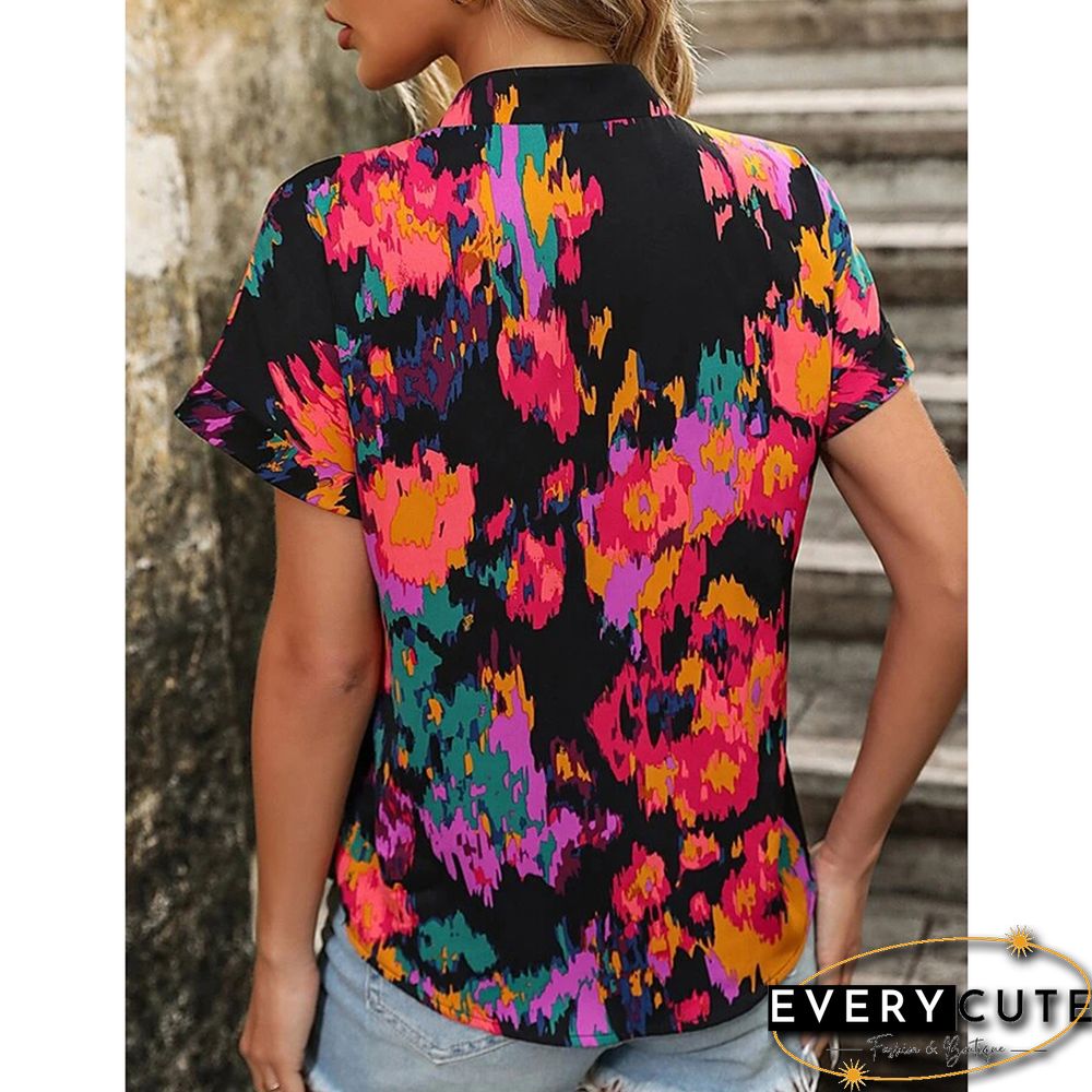 Red Multicolor Floral Printed Short Sleeve Top
