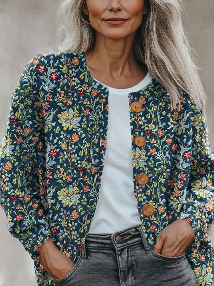 Women's Vintage Floral Art Print Buttoned Cardigan Sweater