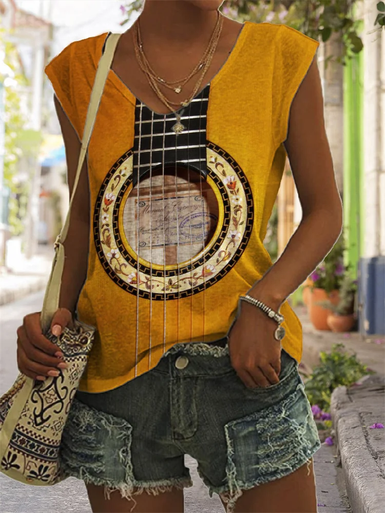 Vintage Floral Deco Guitar V Neck Tank Top
