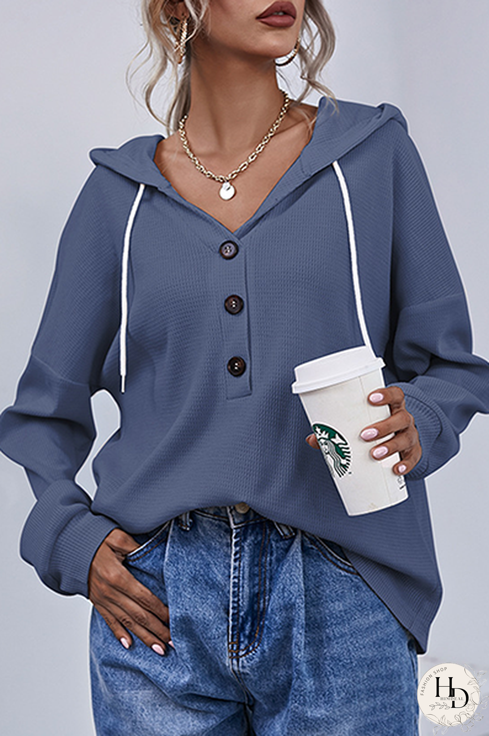 Casual Solid Draw String Buttons Hooded Collar Tops(3 Colors)