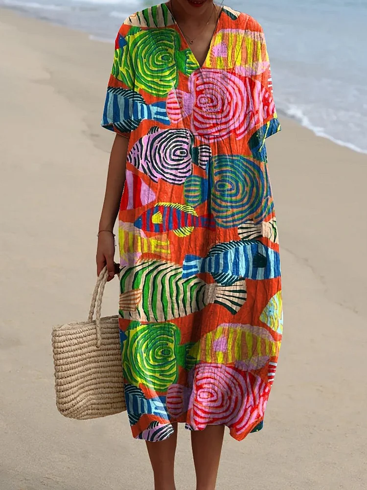 Colorful Abstract Fish Repeat Pattern Printed Women's Flowy Dress