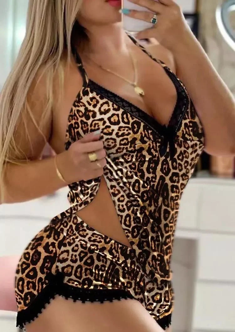 Leopard Lace Splicing Camisole And Shorts Pajamas Set