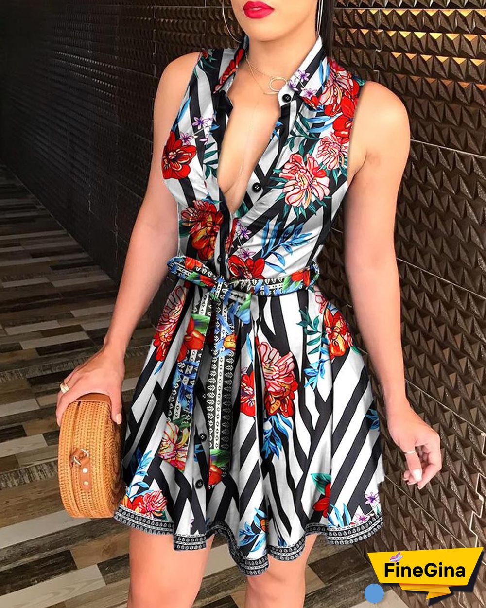 Floral Print Tie Waist Sleeveless Shirt Dress