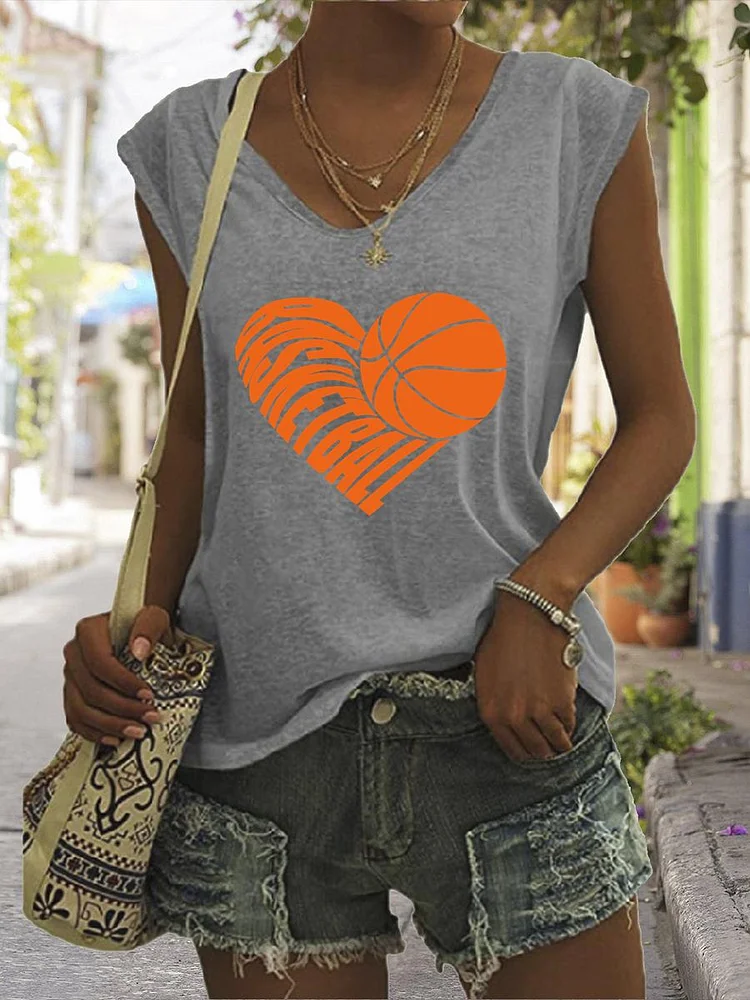 Basketball Heart V Neck T-shirt Tees-Annaletters