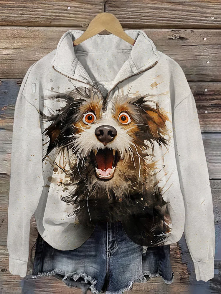 VChics Women's Graffiti Cute Dog Printed Zip Up Casual Sweatshirt