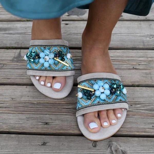 Women Summer Colored Bead Flat Slippers