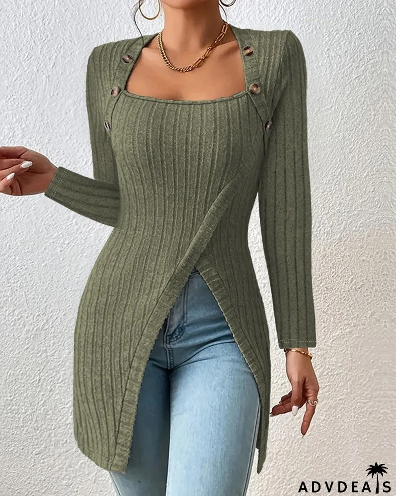 Buttoned Slit Asymmetrical Neck Knit Top