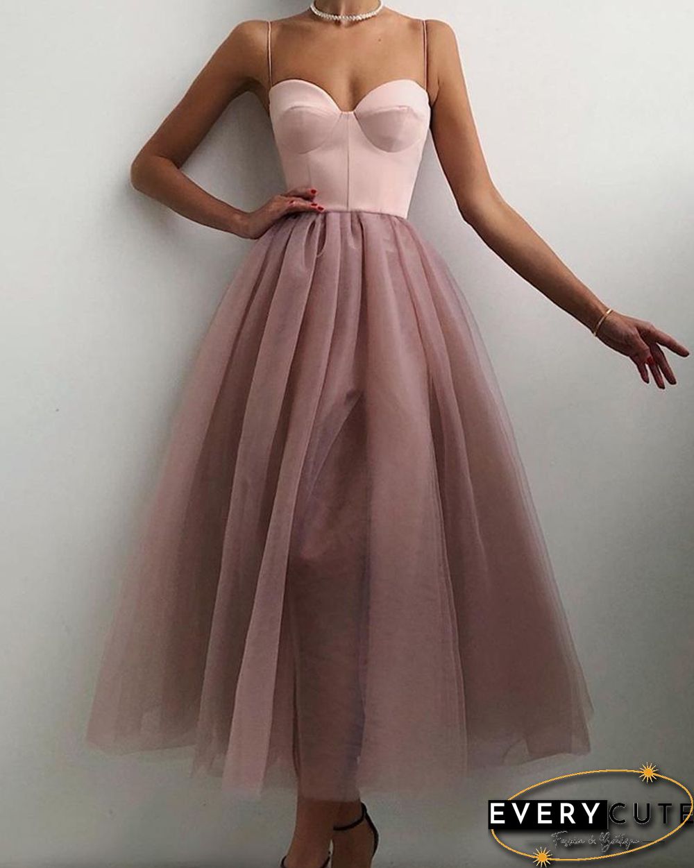 Spaghetti Strap Plain Sheer Mesh Evening Dress P15389