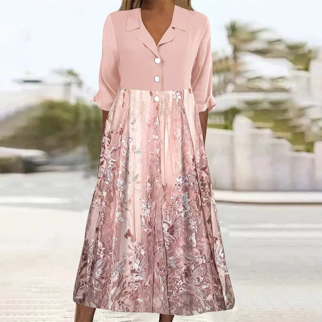 Women Casual Loose Dress with Pockets in Pattern Floral, Pink, Glitter