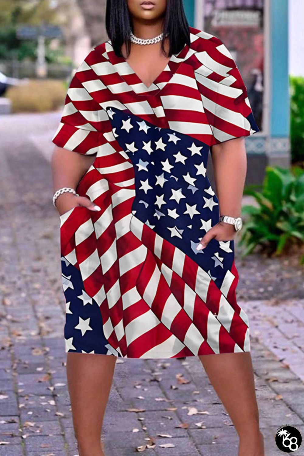 Red Blue Casual Print Patchwork Basic V Neck Short Sleeve Dress Plus Size Dresses | 168DEAL