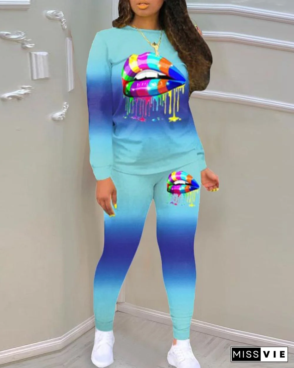 Gradient Color Block Lip Print Long Sleeve Active Sets