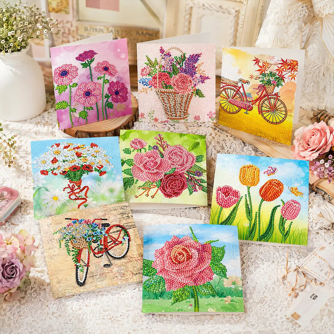 8PCS Flowers DIY Diamond Painting Greeting Card Kits with Envelopes Diamond Art Greeting Cards Diamond Art Cards Kits for Adults DIY Crafts Family Friend Gifts