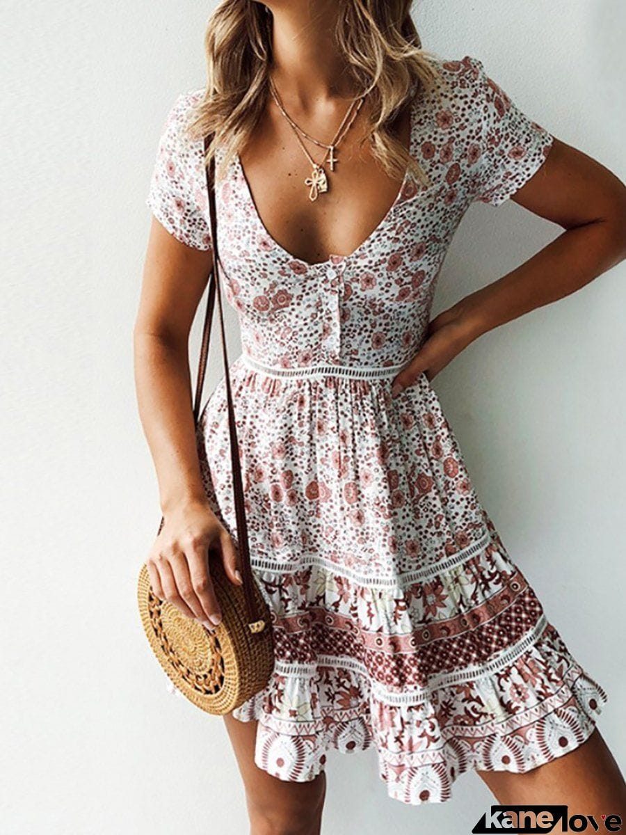 Deep V-Neck Flounce Patchwork Bohemian Skater Dresses