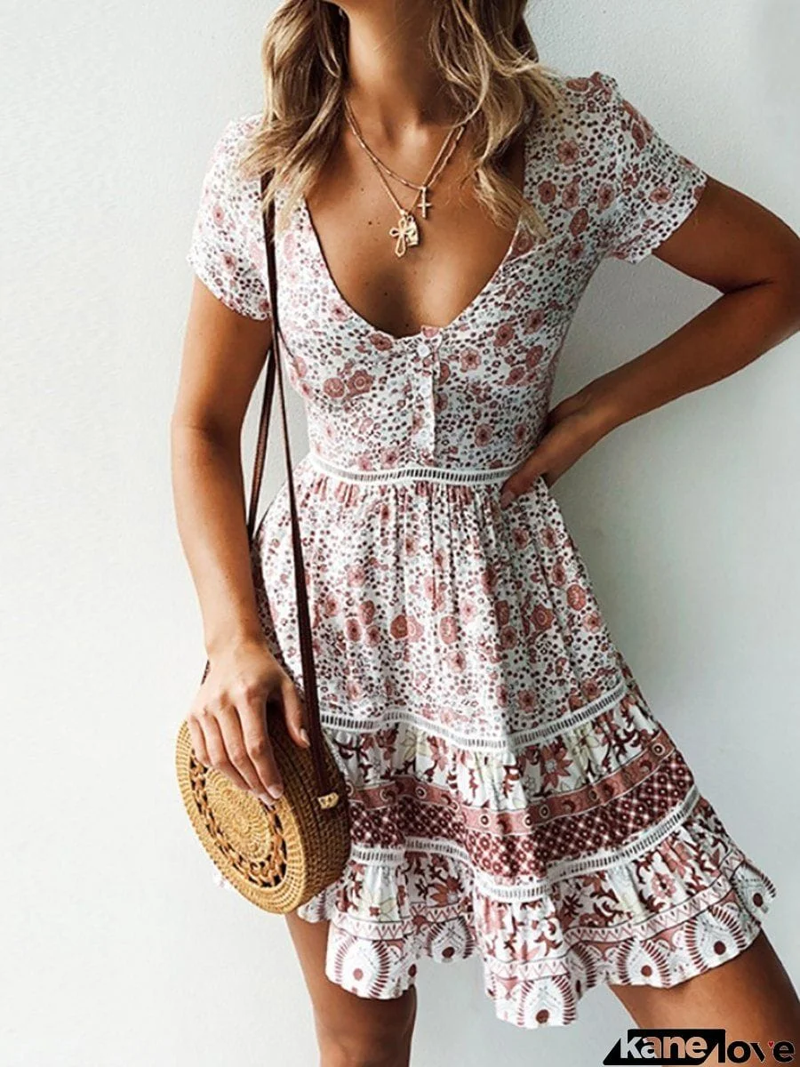Deep V-Neck Flounce Patchwork Bohemian Skater Dresses