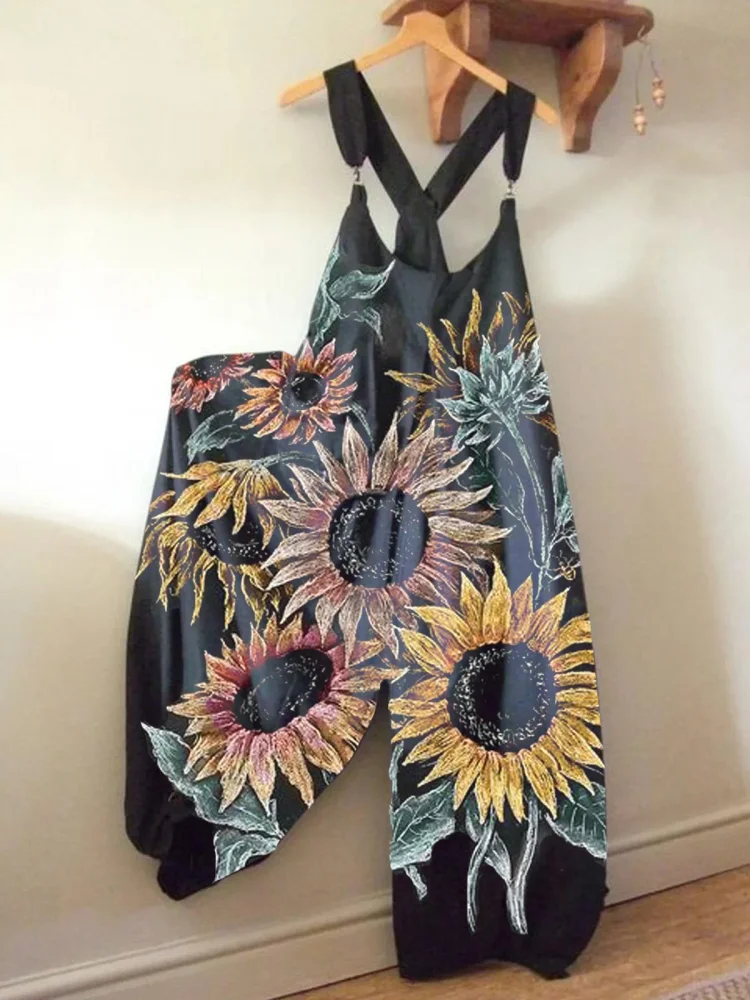 Sunflower Neck Sleeveless Floral Retro One Piece Jumpsuit