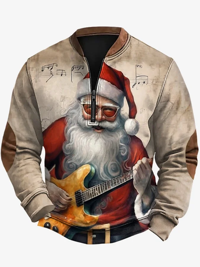 Men's Music Santa Print Zip-Up Sweatshirt