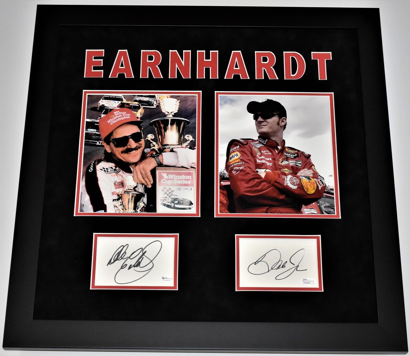 Dale Earnhardt Sr and Dale Jr Signed Index Cards FRAMED with 8x10 Nascar Photo Poster paintings