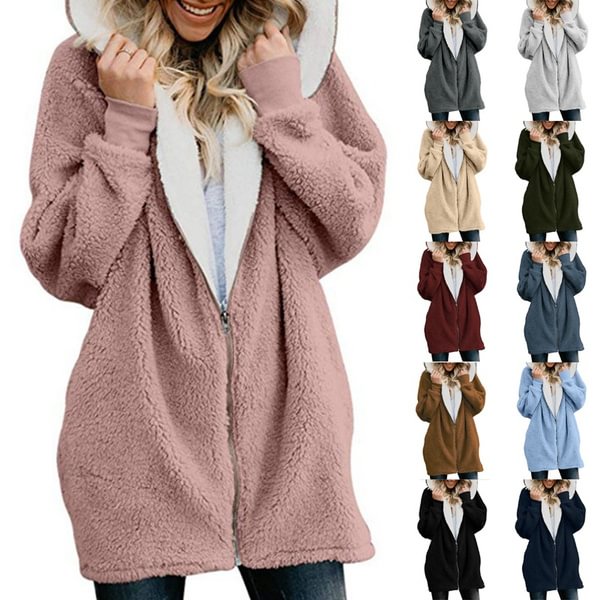 Autumn And Winter Women's Fashion Zipper Coat Hooded Plush Coat Loose Cardigan Sweater Casual Hoodies Plus Size - Shop Trendy Women's Fashion | TeeYours