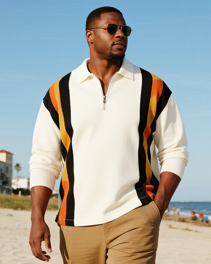 Big & Tall Men's Business Colorblock Black Orange Stripe Print Long Sleeve Zipper Polo Shirt