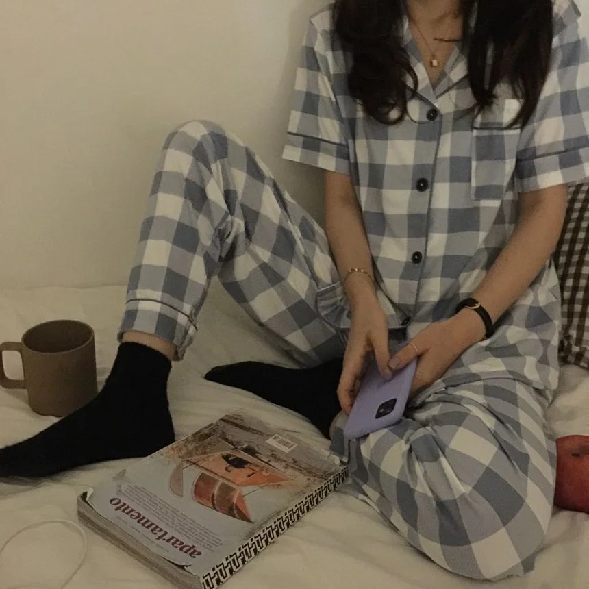 Pajama Set: Short-Sleeve Gingham Shirt + Pants YP2946